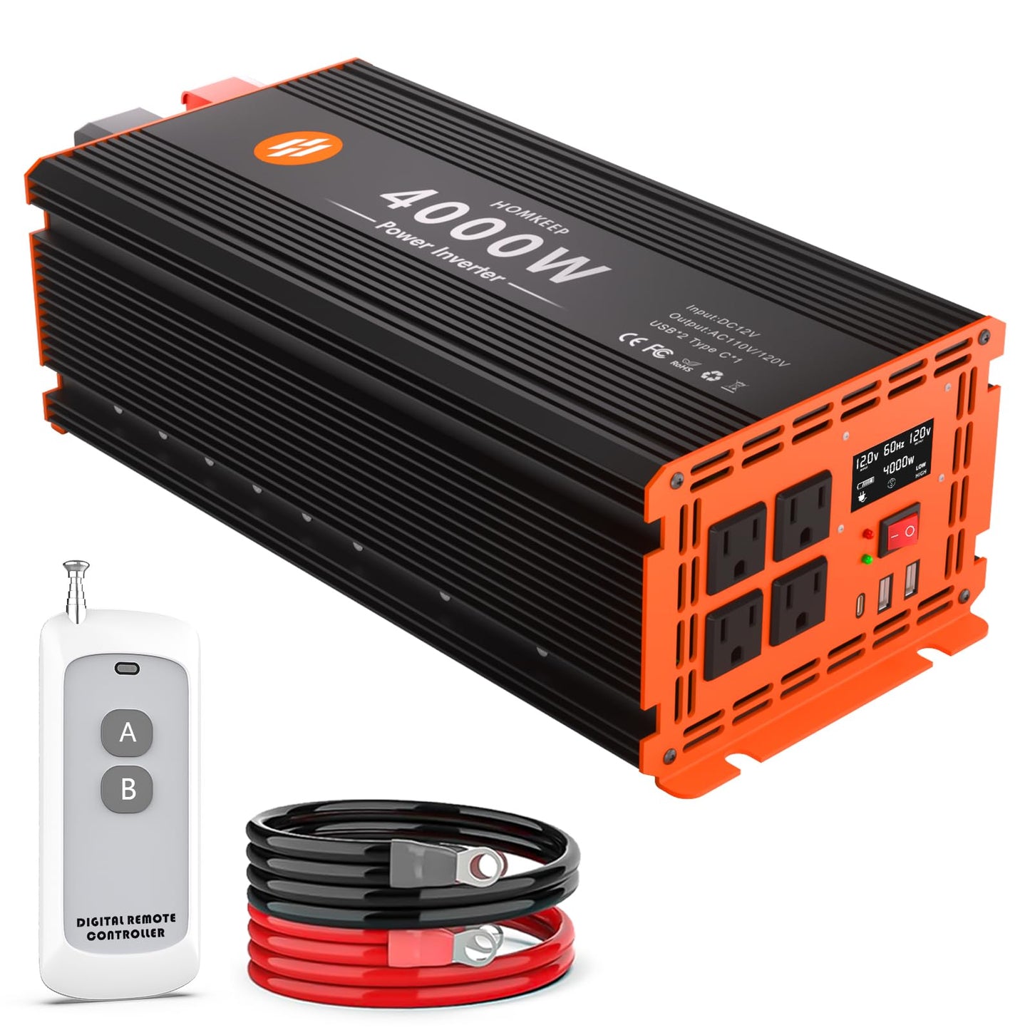 4000 Watt Power Inverter 12V DC to 110V/120V AC Converter Peak Power 8000W Car Inverter with LCD Display 4 AC Outlets, 2 USB & Type-C Port for RV,Truck,Off-Grid Solar System with Remote Controller
