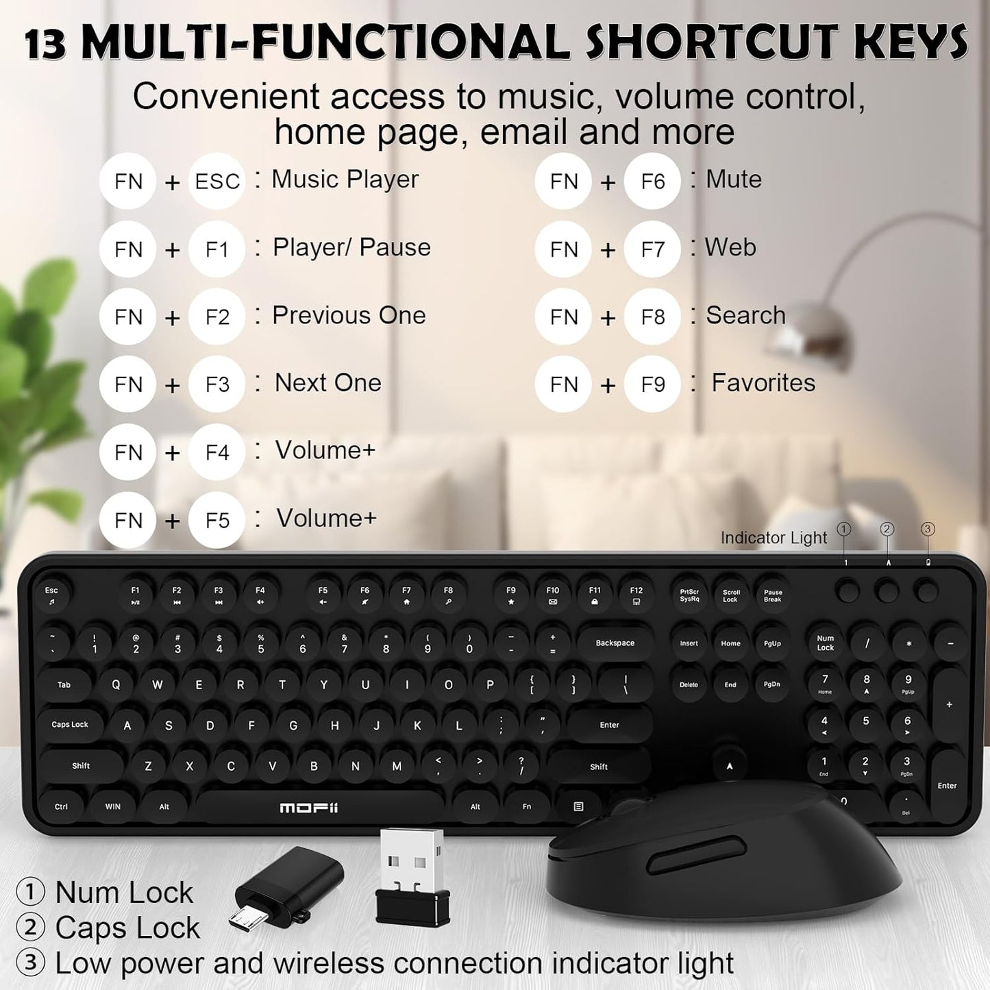 MOFII 104 Wireless Keyboard and Mouse Combo, Keys Full-Size Retro Round Keys Typewriter Keyboards Ergonomic Keyboards