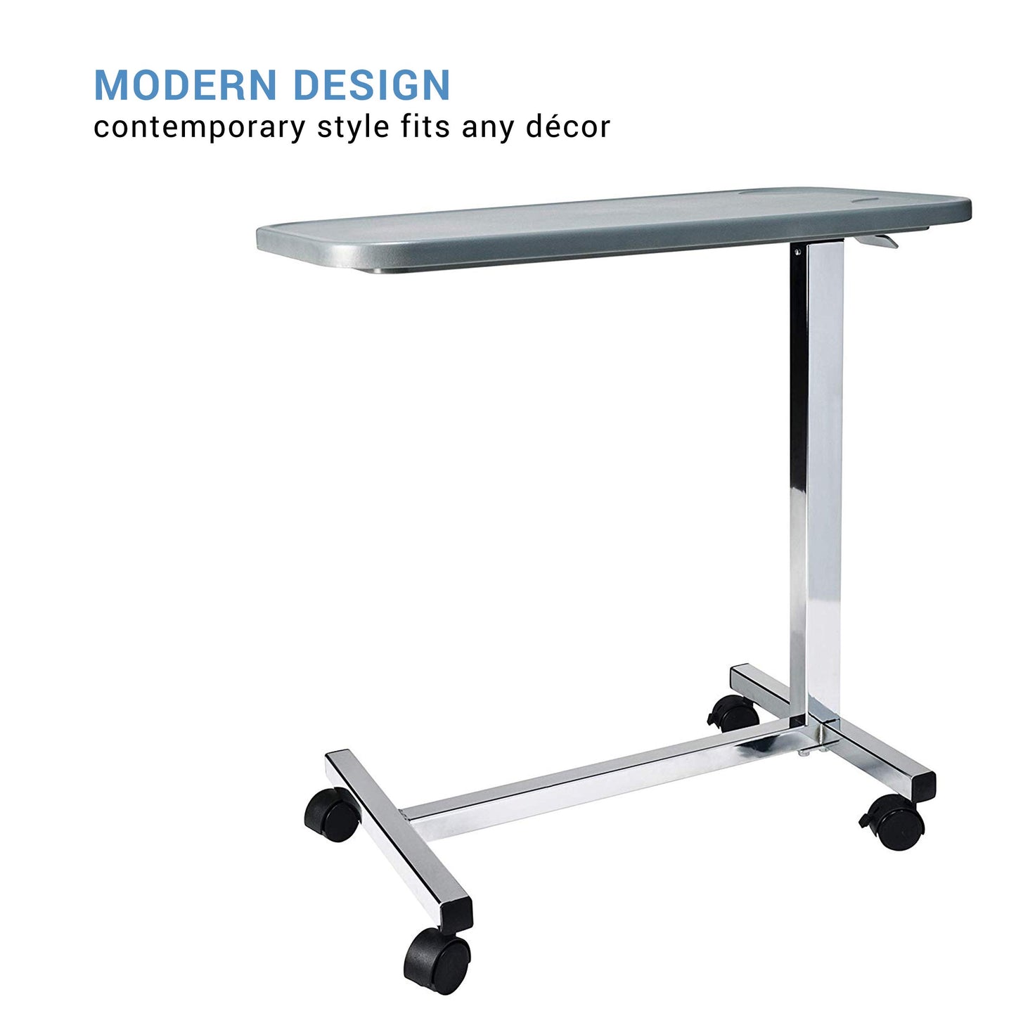 Lumex Modern Overbed Table with Wheels – Height Adjustable Bedside Table for Home or Hospital Use, Grey
