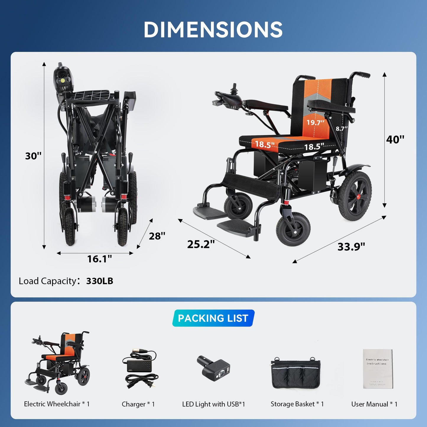 Goldseason 19-Inch Wide Seat Foldable Power Wheelchair for Adults & Seniors, 330 lb Capacity Lightweight Electric Wheelchair, Motorized All-Terrain Wheelchair for Indoor, Outdoor & Travel (Orange)