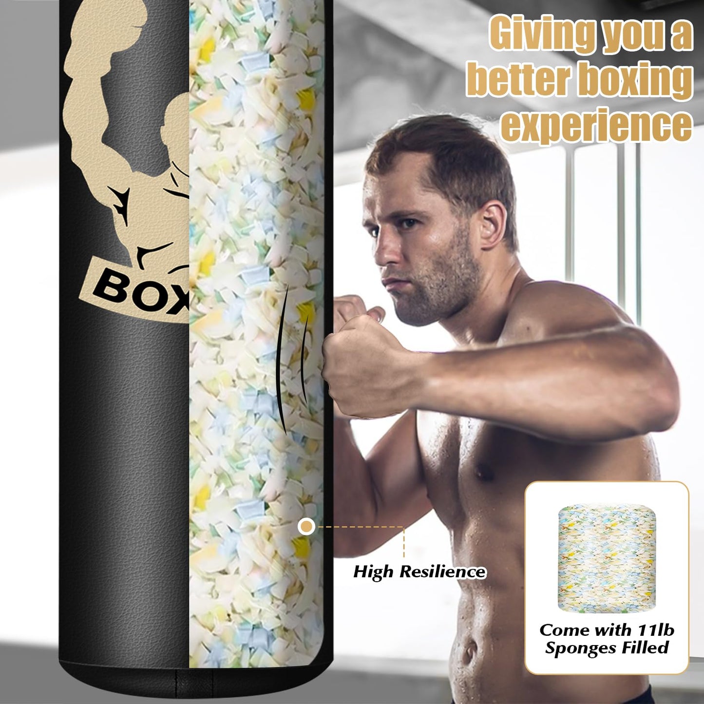 Filled Punching Bag for Adults, 4FT PU Leather Hanging Bag with 11lb Sponge Filler, Come with 12OZ Gloves, Kicking Bag Heavy Bag Boxing Equipment for Training Karate Kickboxing Home Gym
