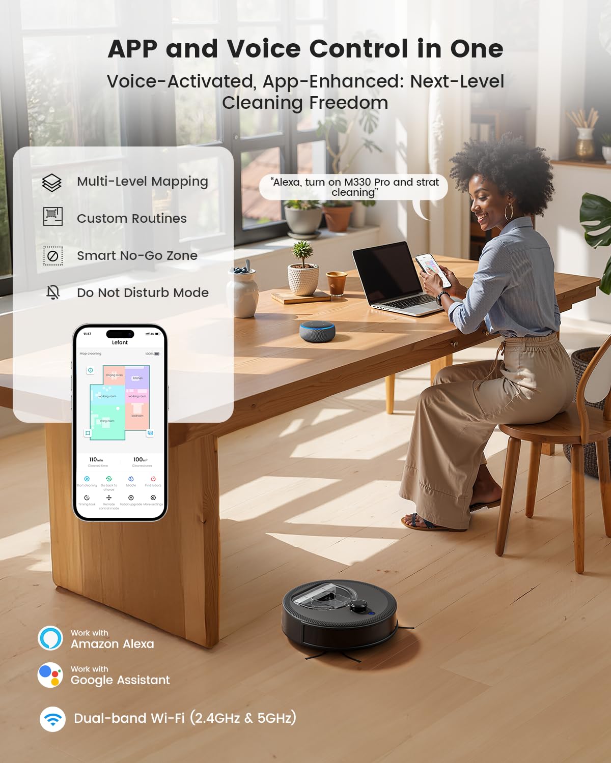 Lefant LiDAR Robot Vacuum and Mop, Smart Mapping and Obstacle Avoidance, Tangle-Free Pet Hair, 2.4G/5G WiFi App Control, Slim Design for Wider Coverage, Carpet Detection, M330 Pro