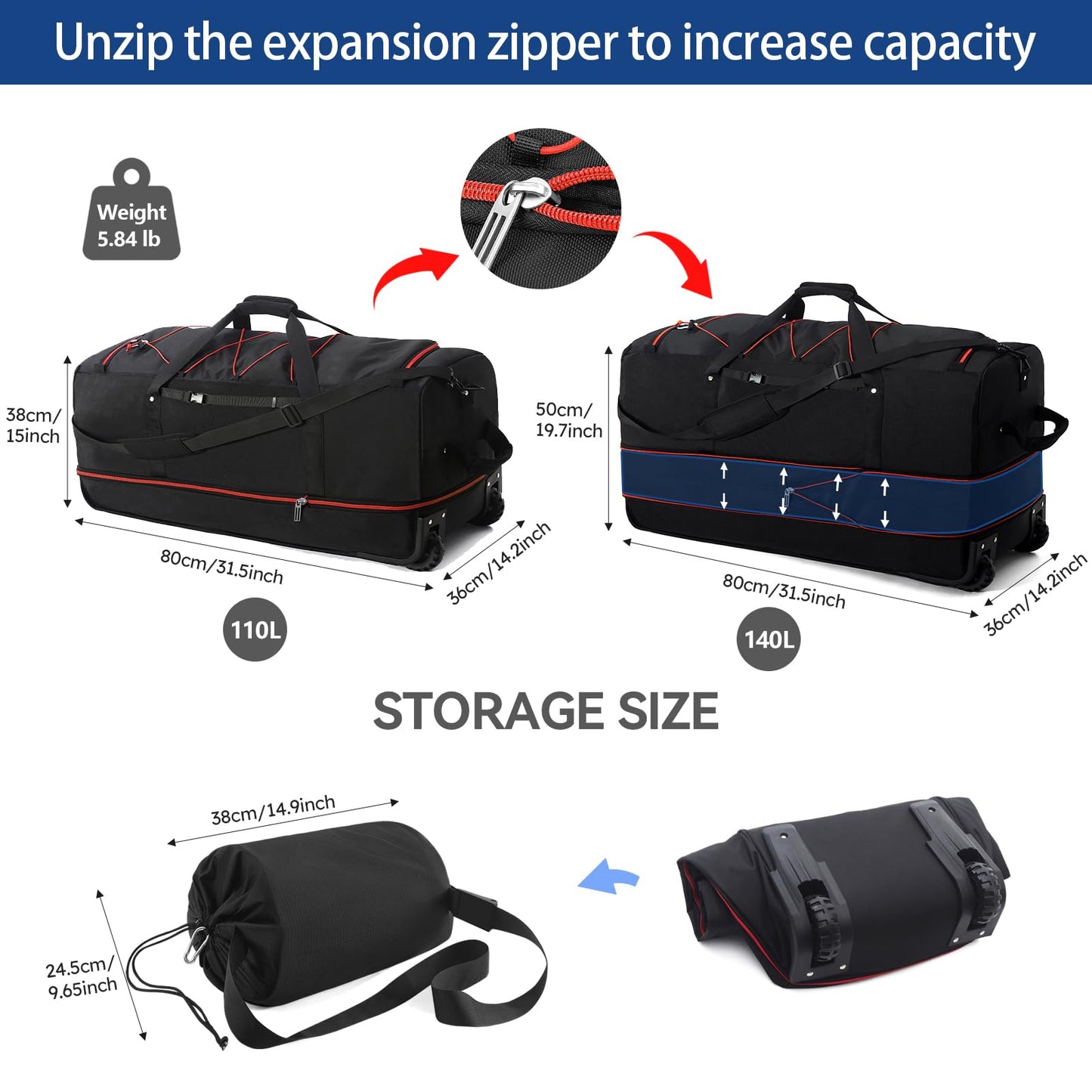 Vrtisa 110L Expandable to 140L 32” Foldable Oxford Soft-Sided Rolling Duffle Bag with 2 Heavy-Duty Wheels,2 Large Compartments,Adjustable Shoulder Strap and Attached Organizer Pouch,Black Red
