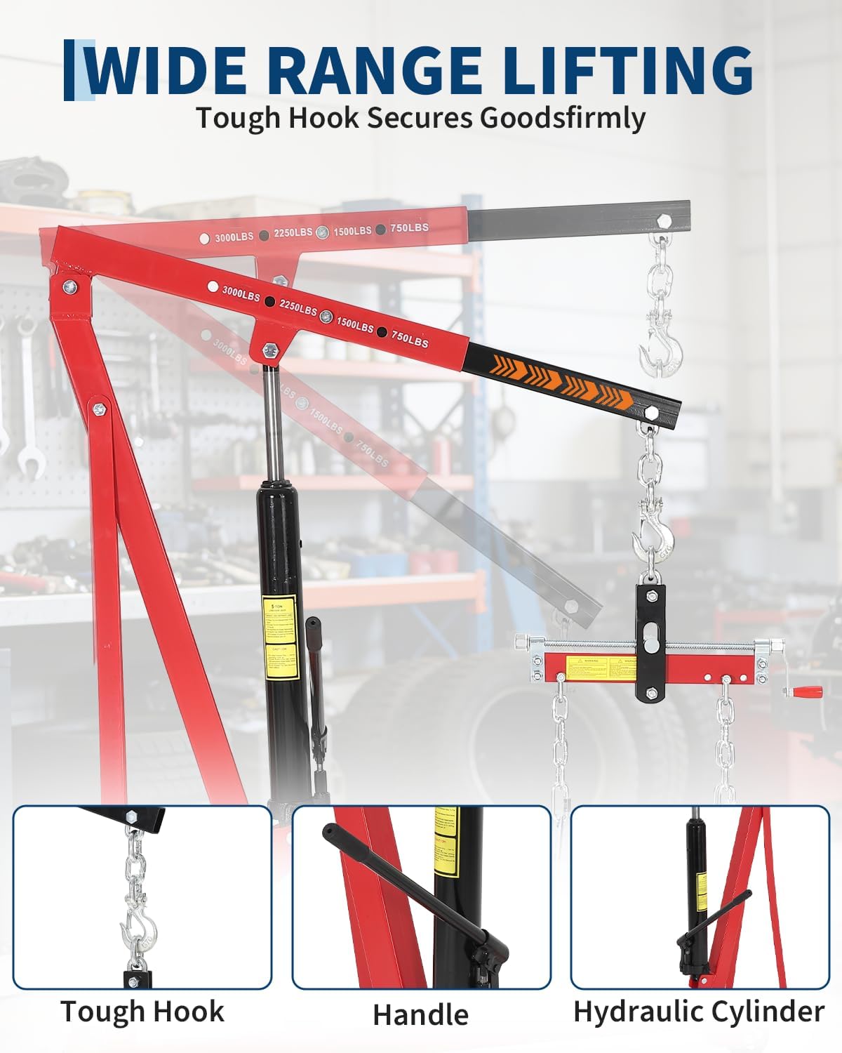 EliteEdge 1.5 Ton Hydraulic Engine Hoist, 3000 LBS Portable Shop Crane with Adjustable Telescopic Boom & 4 Casters, Heavy-Duty Cherry Picker for Garage, Warehouse, and Workshop Lifting, Red