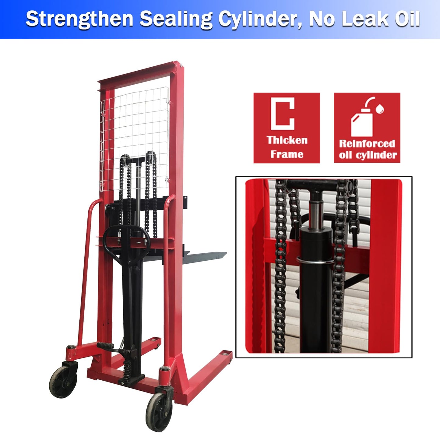 EQCOTWEA Manual Hydraulic Pallet Stacker 2200 LBS Load Pallet Truck Stacker 64" Lift Height Adjustable Forks Manual Stacking Winch Truck Used for Single Sided Pallets, for Warehouse Material Lifting