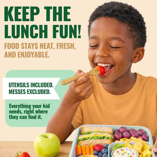 GreenLunch Bento Lunch Box for Kids, Large 2-Compartment, Durable and Microwave Safe, BPA-Free with Utensils, Wheat Straw Bento Box for Kids – Green