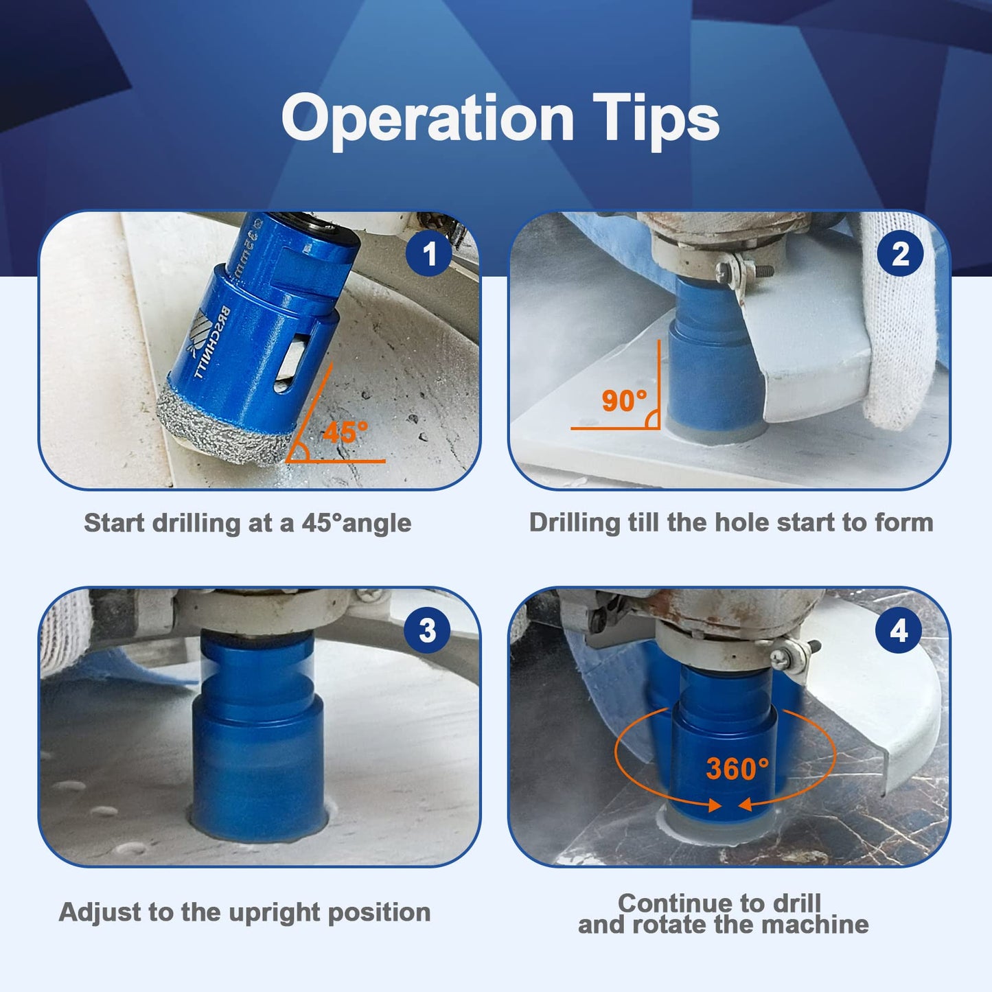 Diamond Core Drill Bit Set BRSCHNITT Diamond Hole Saw for Porcelain Tile Ceramic Marble Granite Drilling with 5/8-11 Thread(6/8/25/35/50/65/100mm Drill bits,10-25mm Finger bit+35mm Chamfer bit.