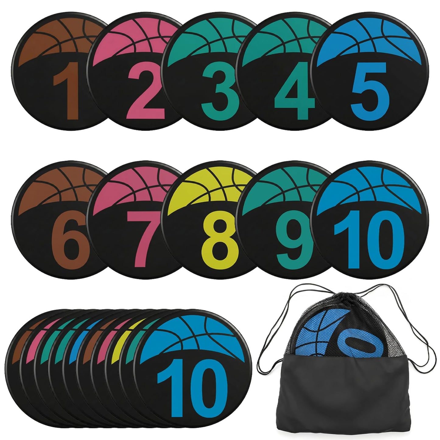 Okllen Set of 10 Basketball Poly Spots Markers, 9" Numbered Floor Dots with Storage Bag, Non-Slip Rubber Agility Training Markers for Gym, Court, Sports Drills & Coaching