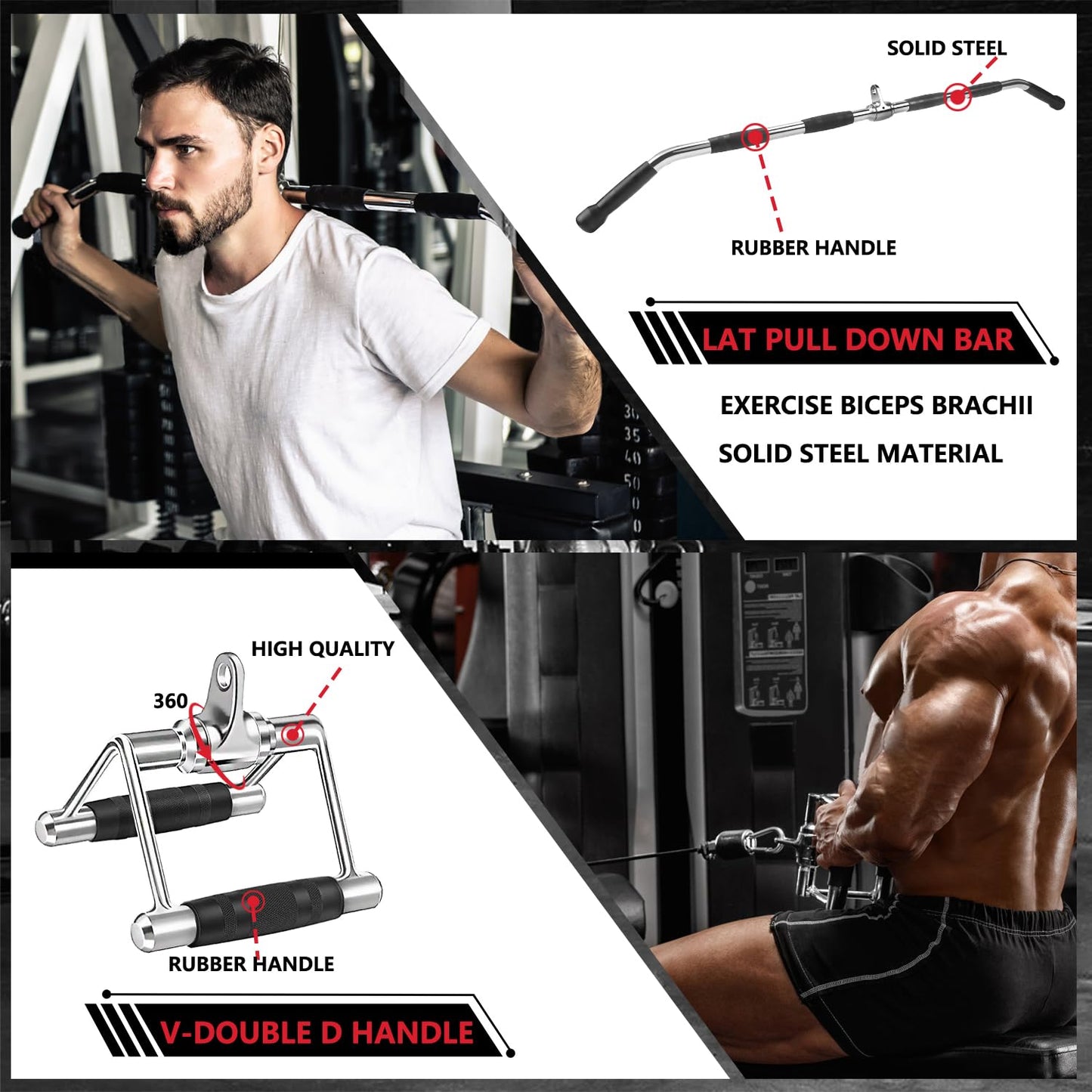 LAT Bar Cable Attachment with Rubber Handgrips, Deluxe Heavy Duty Solid Curl Bar Revolving Hanger Home Gym Cable Attachments (White Set +48 in Lat Bar)