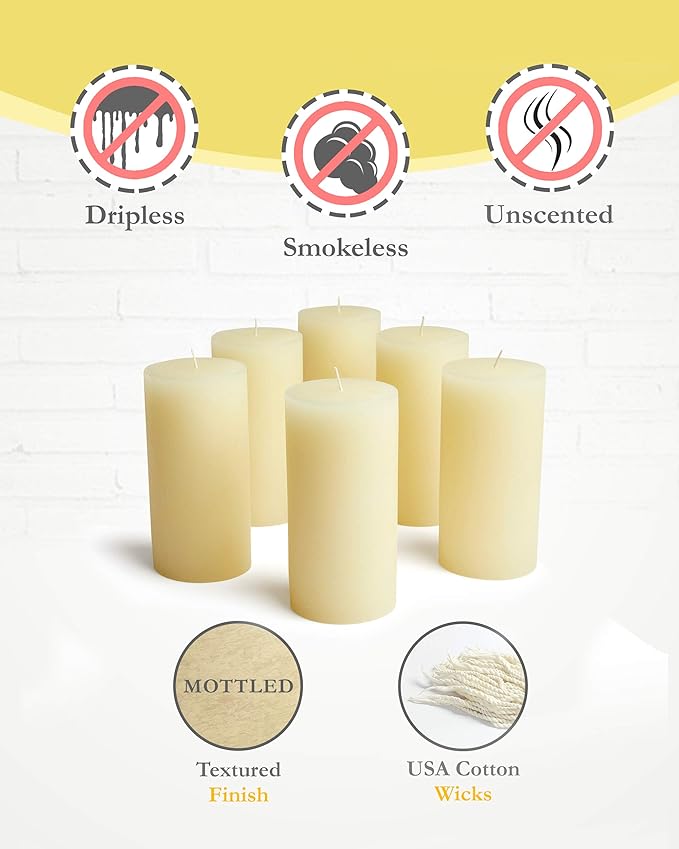 Mottled Pillar Candles by Bask - Set of 6-3" x 6" Dripless Unscented Candles in Ivory for Home Decor, Relaxation & All Occasions