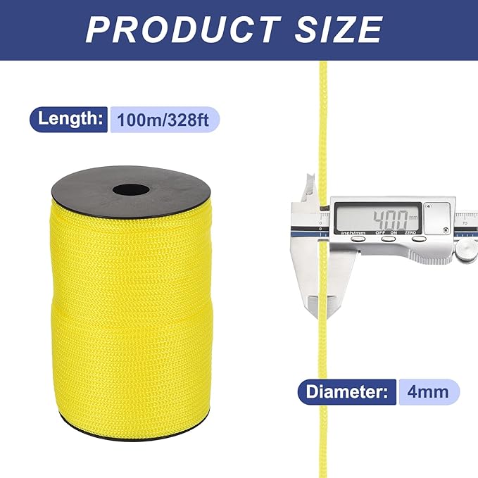 MECCANIXITY 5/32 Inch Polypropylene Rope Braided Ropes, 328ft Camping Rope Hollow Utility Cord for Clothesline, Hiking, Outdoor, Yellow