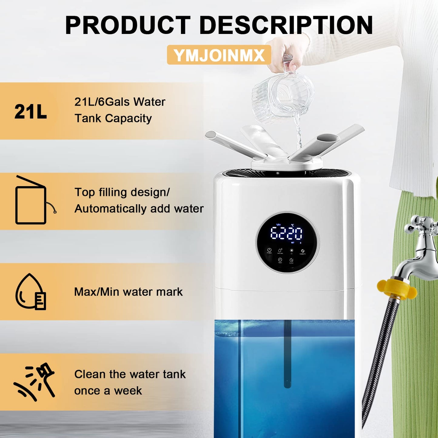 YMJOINMX Commercial Industrial Humidifier Whole House Humidifier 6Gals Water Tank Max 2000ml/h Mist Output Faucet Filling for Plant Large Greenhouse 110V