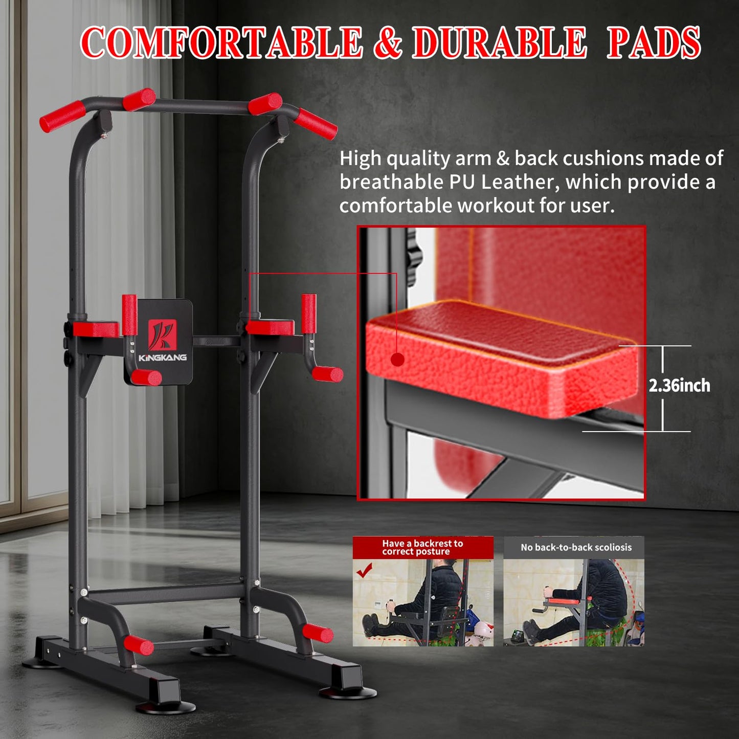 K KiNGKANG Power Tower Pull Up Bar Station, Load 450 lbs with 6-Height Adjustment Workout Dip Station for Home Gym Fitness Equipment