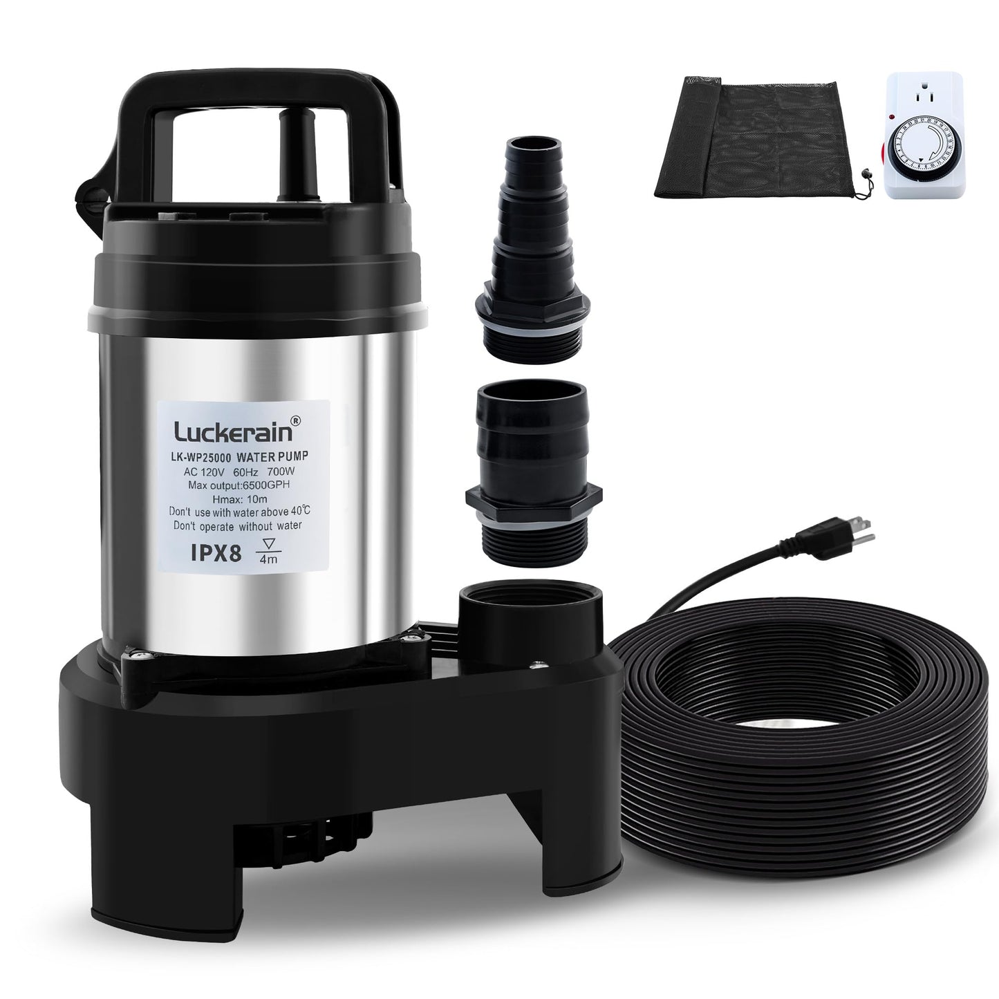 Submersible Water Pump 2/3 HP Stainless Steel Sewage Pump with Timer 5500 GPH Sump Pump for Garden Irrigation,Basement,Outdoor Drainage, 2'' NPT Discharge Port,50ft Cord