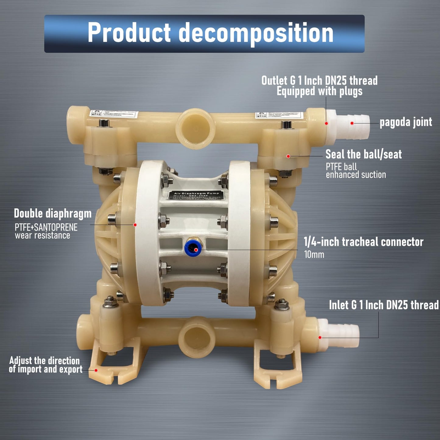 Air-Operated Double Diaphragm Pump, PVDF body, PTFE diaphragm， highly corrosive chemical pump 1 inch 17GPM (QBZ-25PVDF)