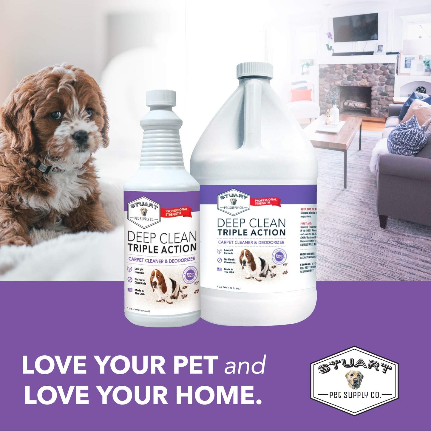 Stuart Pet Supply Co. Professional Strength Deep Clean (Gal.) 3X Carpet Cleaner Solution & Deodorizer, Concentrated Encapsulating Carpet Shampoo, Pet Odor & Dirty Carpet Cleaning Solution 128 fl oz.