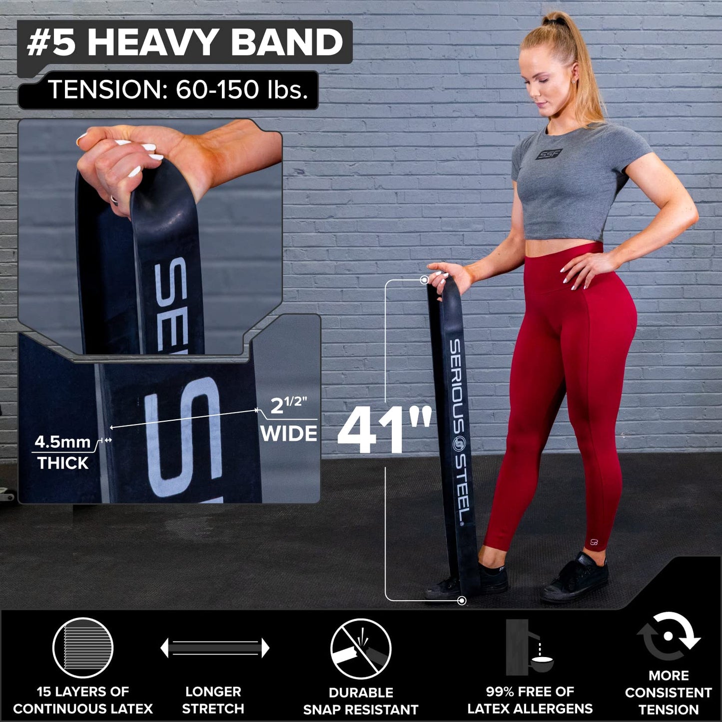 SERIOUS STEEL FITNESS Assisted 41" Pull-Up Band, Resistance & Stretching, Powerlifting & Pull-ups (#5 Black - Single Band)