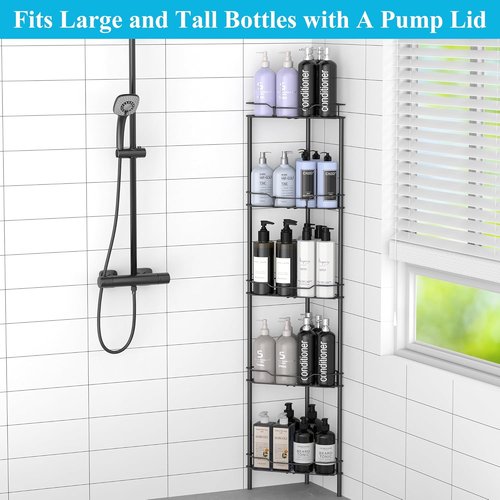 HuggieGems 5-Tier Corner Shower Caddy Organizer - Stylish Black Bathroom Shelf with Hooks