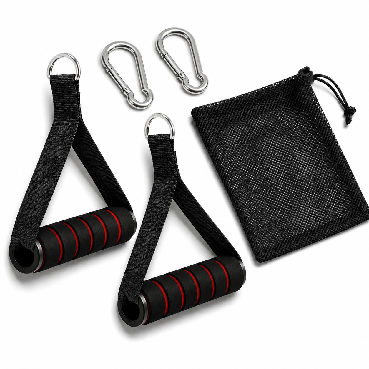 Cable Machine Handles 2 Pack, Foam Grip Exercise Handles with Carabiners and Mesh Bag for Lat Pulldown, Cable Rows, Tricep Pushdown, Resistance Bands and Home Gym Workouts