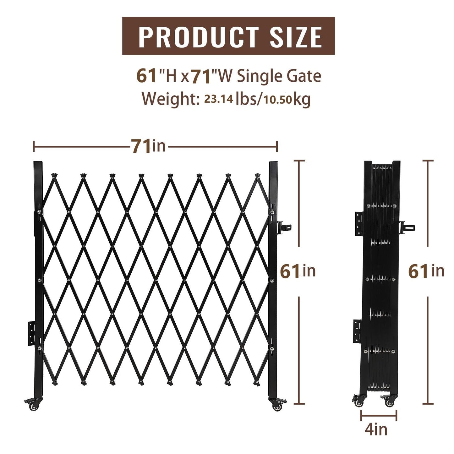ExploreHorizon 61" H x 71" W Single Folding Security Gate, Portable Expandable Fence Gate with Casters, Flexible Steel Accordion Security Gate Barricade Gate for Backyard Garden