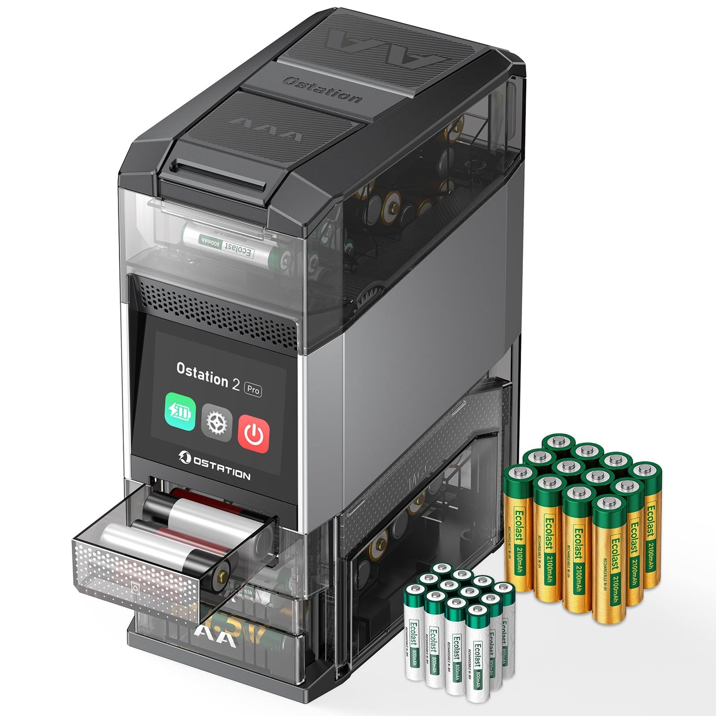 Ostation 2 Pro 3-in-1 Smart Battery Charger with 12AA & 12AAA NiMH Batteries, Polarity-Free, Fast Charging, Auto Detection, Storage Organizer, App Control, Touchscreen, Flashlight Charging Ports