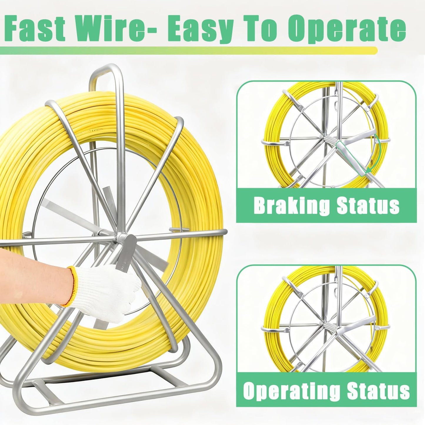 6mm (1/4") x 500ft (152M) Fiberglass Duct Rodder, Heavy-Duty Electrical Fish Tape Cable Puller with Durable Steel Reel Stand & Cage Wheel, Wire Running Rod for Conduit Installations