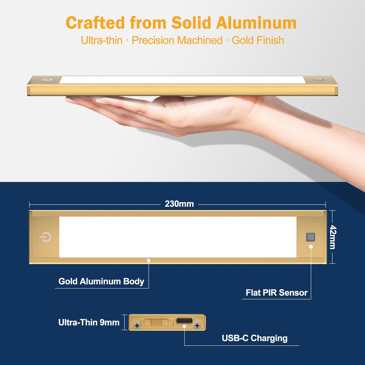 V4light Rechargeable Motion Sensor Under Cabinet Light, Magnetic LED Bar with 1500mAh, Gold Aluminum Accent Lighting, Dimmable 3 Color Temperatures for Kitchen Cabinets, Shelves & Closets (9 in)