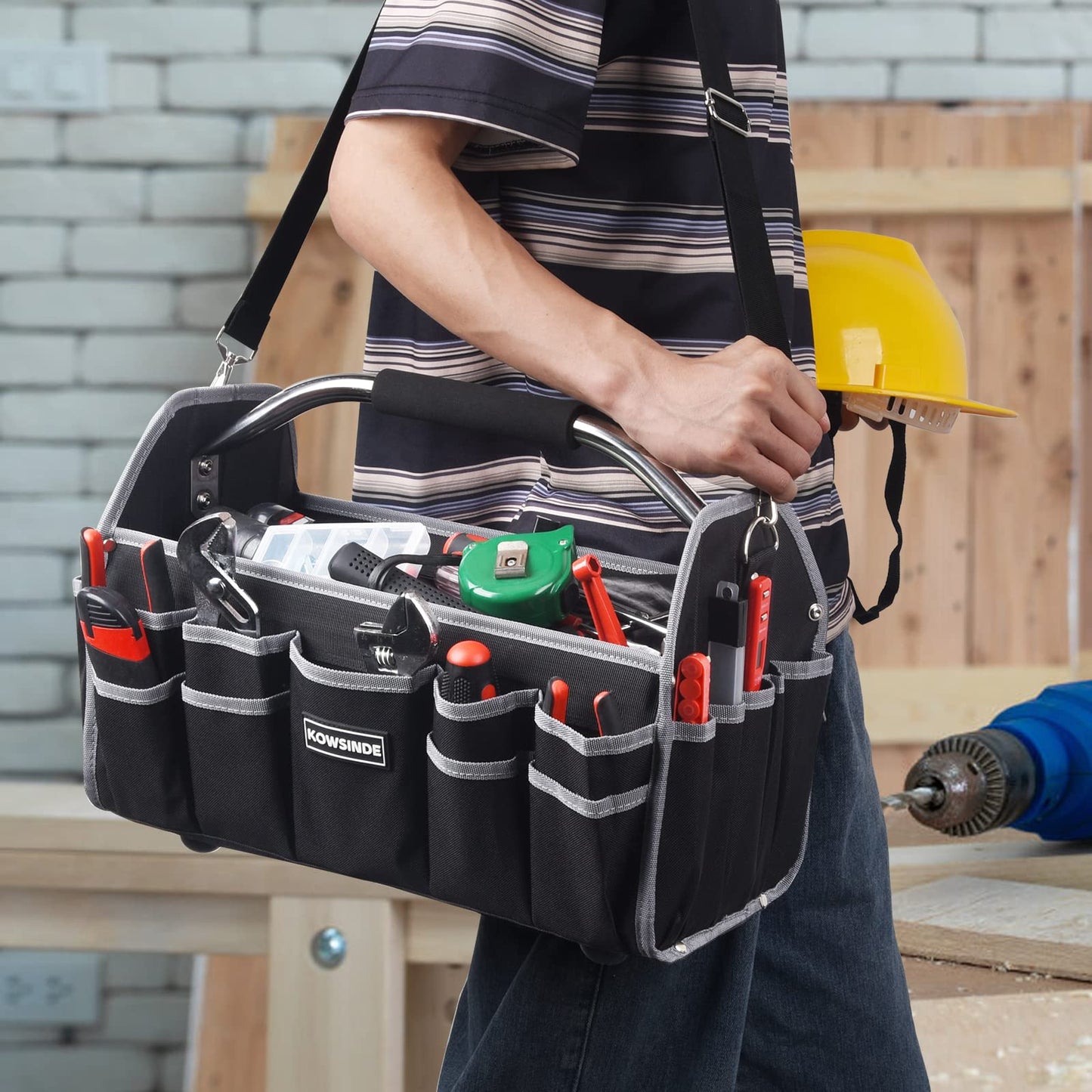 Kowsinde 16 Inch Tool Bag, Electrician Tool Bag, Open Top Tool Bags, 26 Pockets Can Hold Many Tools, Steel Handle and Removable Shoulder Strap