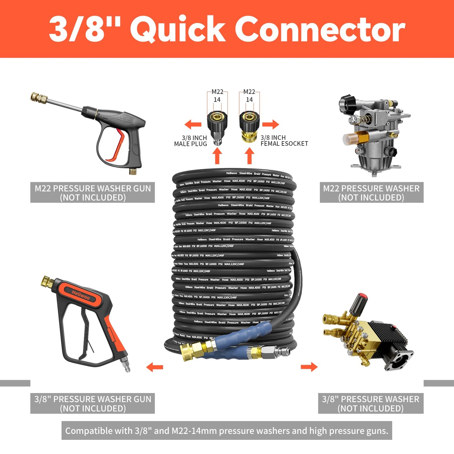 Heliwoo 3/8" Pressure Washer Hose 200 FT, Hot and Cold Water Power Washer Hose Max 248°F, Commercial Industrial Grade Steel Wire Braided Kink Proof Extension Hose -4500 PSI
