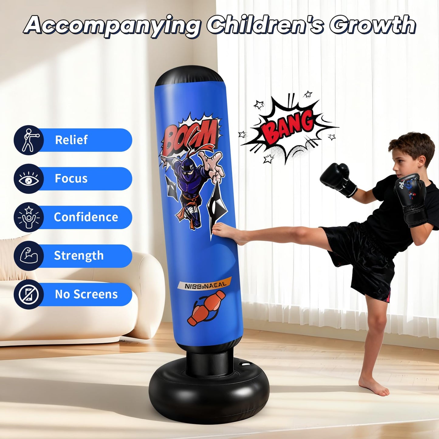 NIBBaNACAL Punching Bag for Kids 8-12, 63" Ninja Inflatable Boxing Bag with Gloves, Kids Punching Bag Gifts for Boys & Girls, 5-in-1 Boxing Set for Practicing Karate & Taekwondo