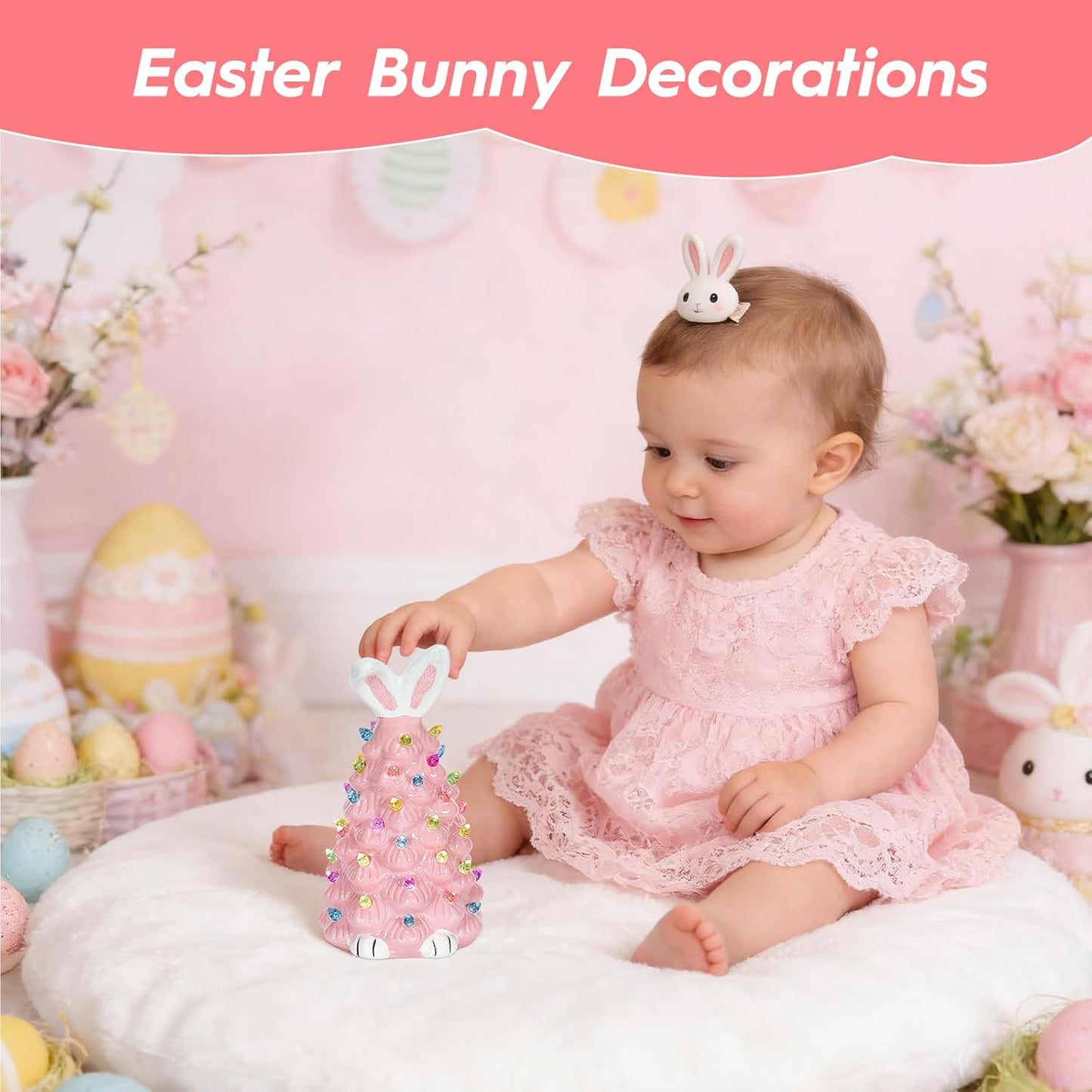 Skiennix Cute Ceramic Easter Bunny Decor - Light-Up Spring Tabletop Decoration for Kids (Pink)