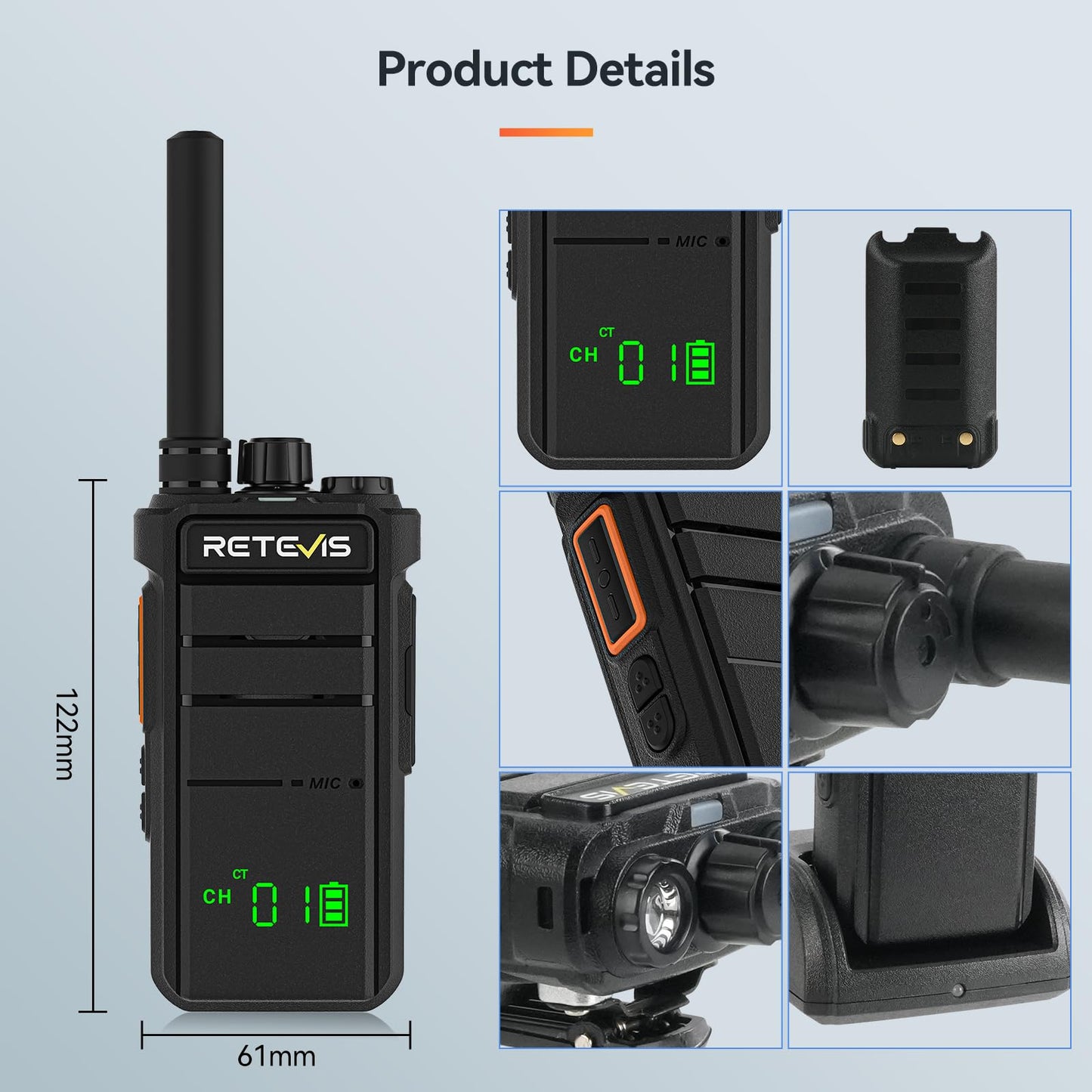 Retevis RB26H 2 Way Radio Long Range,Commercial Walkie Talkies with Earpieces,2000mAh 21-Hrs,USB-C,Flashlight,NOAA,GMRS Repeater Capable,Two-Way Business Radios for Healthcare Retail Security(10-Pack)