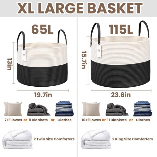 JMvicyroam Extra Large Blanket Basket - Woven Cotton Rope Laundry Hamper with Reinforced Handles | White & Black