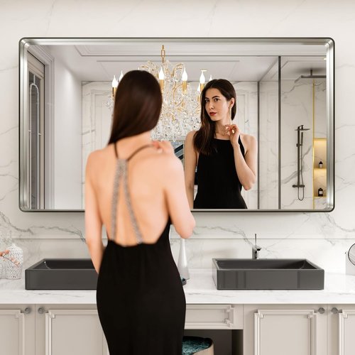 LOAAO Brushed Nickel Bathroom Mirror - 72x40 Inch Rounded Rectangle Design | Anti-Rust, Versatile Hanging Options