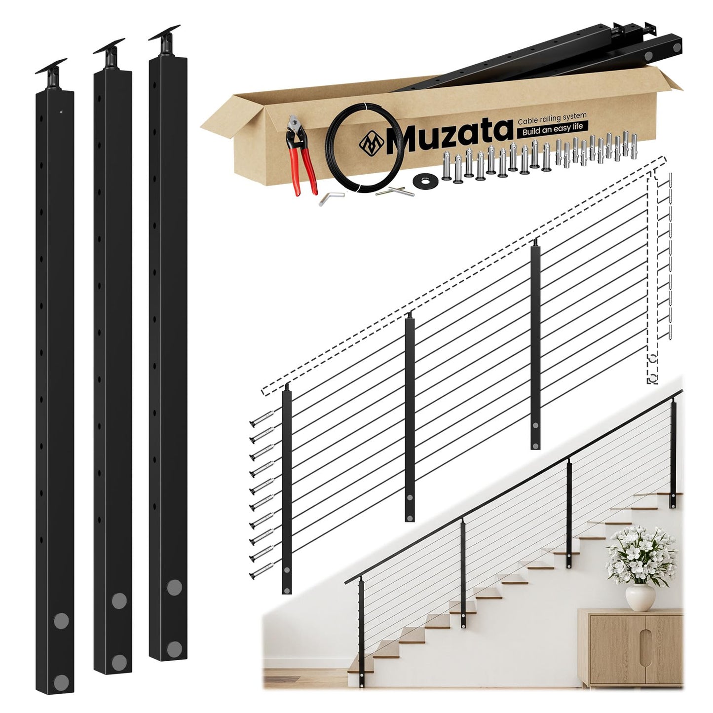 Muzata 8-12FT Modular Black Side Mount Cable Railing Kit 36 Inch 3 Stair Post Kit Complete Set Cable Railing System for Stairs Length Adjustable Easy DIY with Paper User Guide (No Handrail) RW29