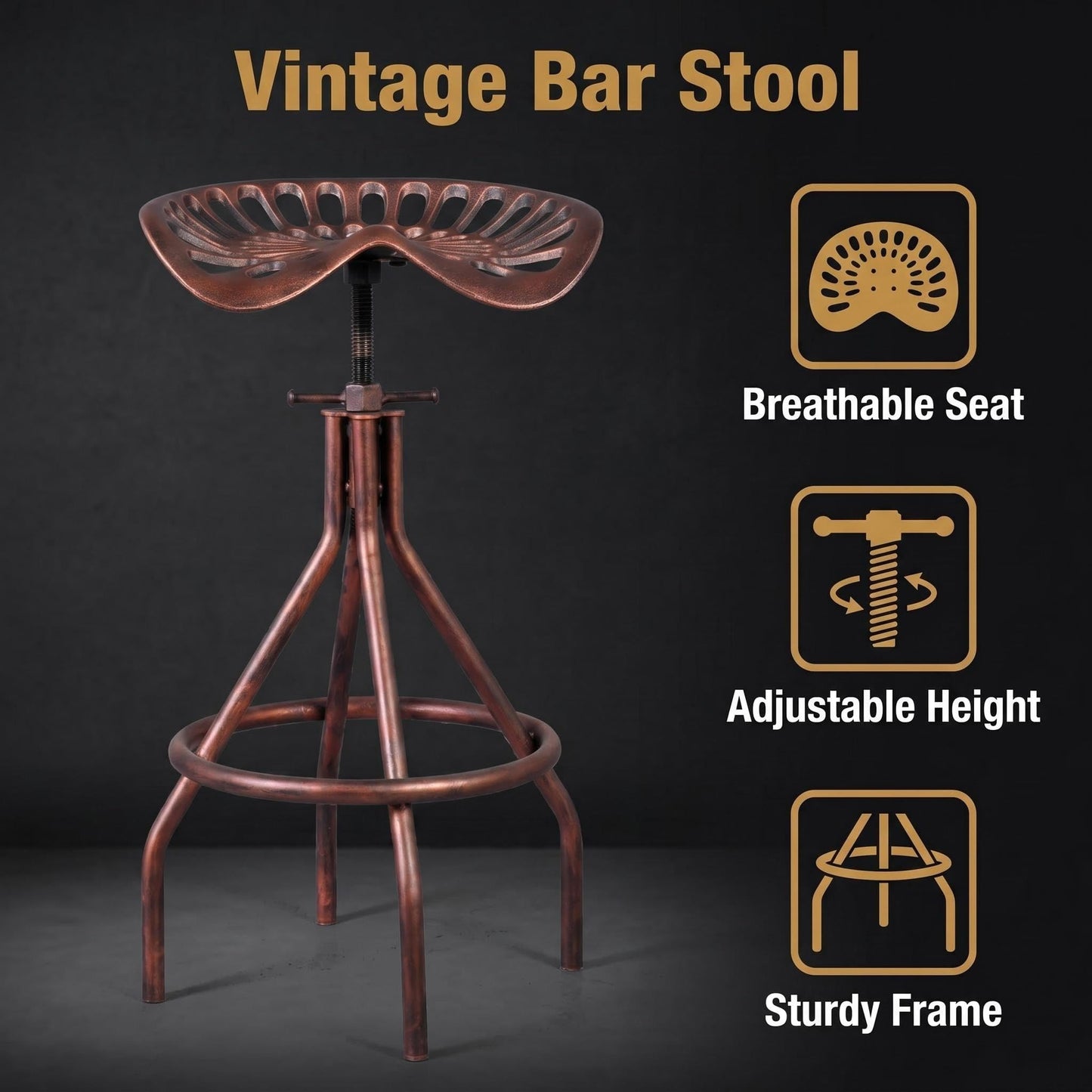 Diwhy Rustic Farmhouse Barstool Tractor Seat Adjustable Bar Stool Industrial Pub Stool Copper Set of 2