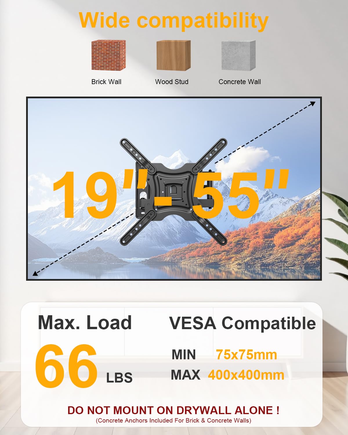 XVCAS 19-55 Inch 400X400 mm, 66 lbs Full Motion TV Wall Mount,vesa Monitor Mount Tv Brackets for LED LCD Flat Curved