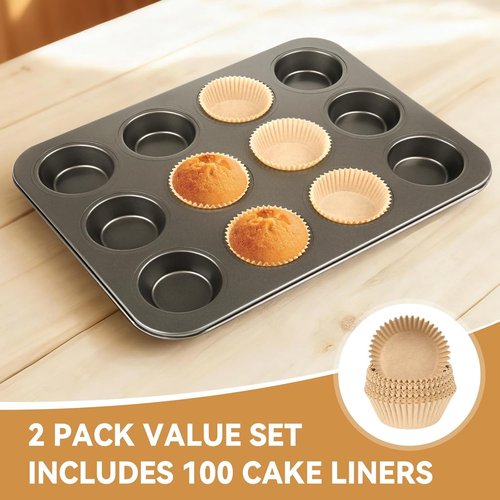 Artcochan Muffin Pan Set - 12-Cup Nonstick Carbon Steel with 100 Cupcake Liners | Perfect for Baking