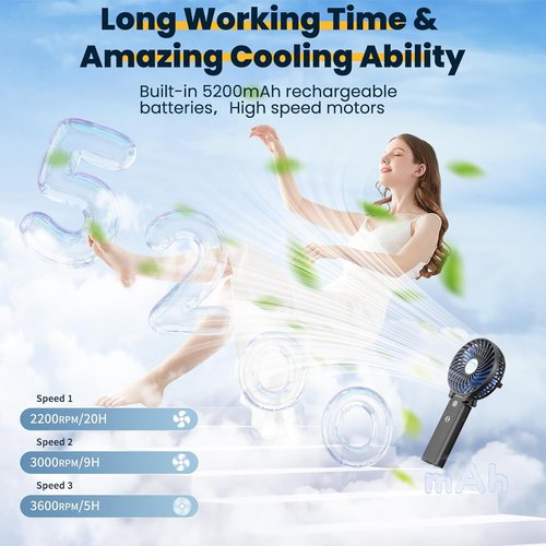 HandFan Portable Handheld Fan - Rechargeable 5200mAh Battery, 3 Speeds, 20H Runtime | Ideal for Travel & Summer (Black & Blue)