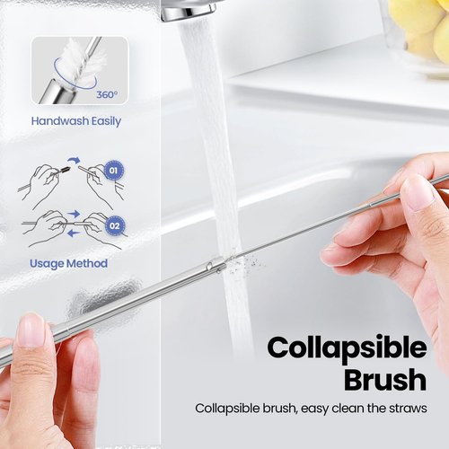Ecoangel Reusable Collapsible Stainless Steel Drinking Straws - 4-Pack with Case & Cleaning Brush | Silver, Blue, Red, Green