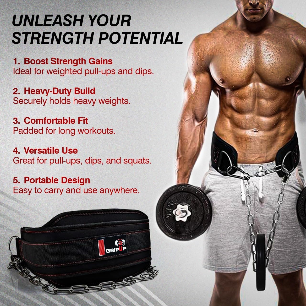 GripUp Premium Dip Belt with Chain for Weightlifting – Heavy Duty Adjustable Chain with Neoprene Padding for Pull Ups, Gym Belt for Powerlifting, Squat, Bodybuilding & Strength Training (One Size)