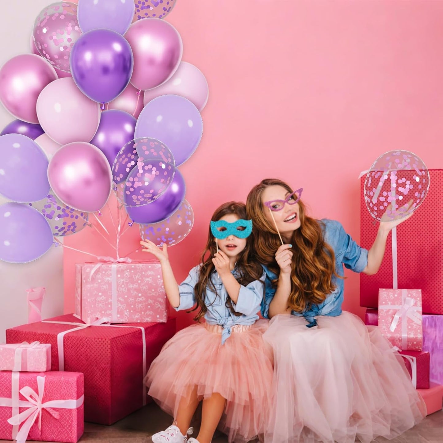 Skiennix 68Pcs Pink & Purple Balloons - 12 Inch Metallic Latex & Confetti Balloons for Parties