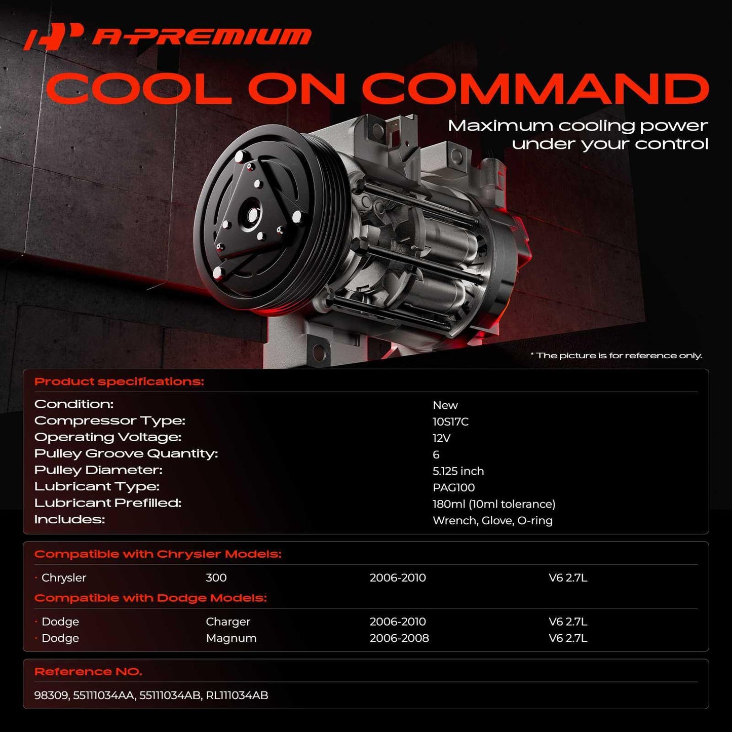 A-Premium A/C Compressor with Clutch Compatible with Chrysler 300 Dodge Charger 2.7L 2006-2010, Magnum 2.7L 2006-2008, 10S17C Style, 6 Grooves