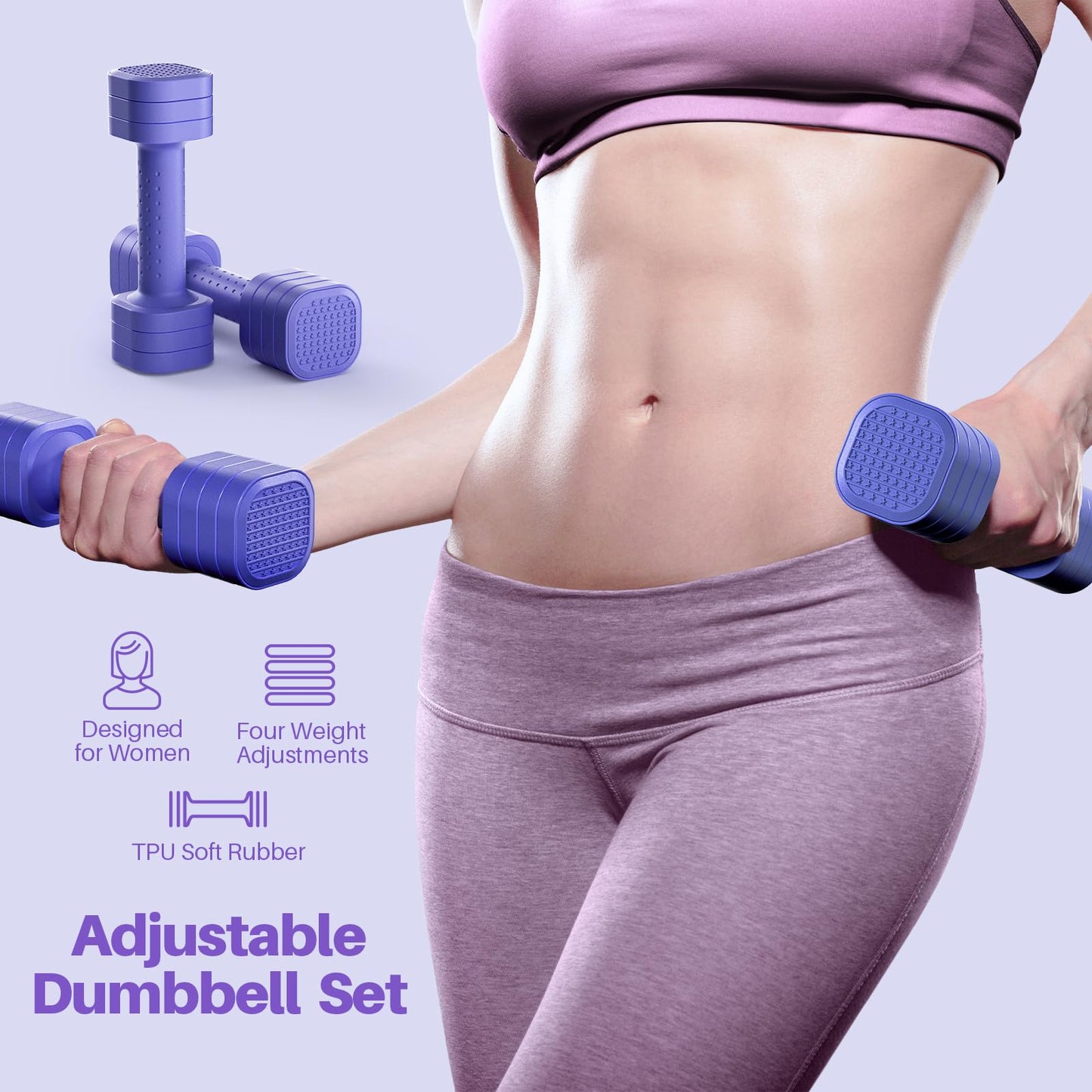 Zempox Adjustable Dumbbell Set, 4 in 1 Free Weight Dumbbell Set for Women, Hand Weight for Women at Home, Each 2lb 3lb 4lb 5lb with TPU Soft Rubber Handle for Home Gym Aquatic Fitness Equipment,Purple