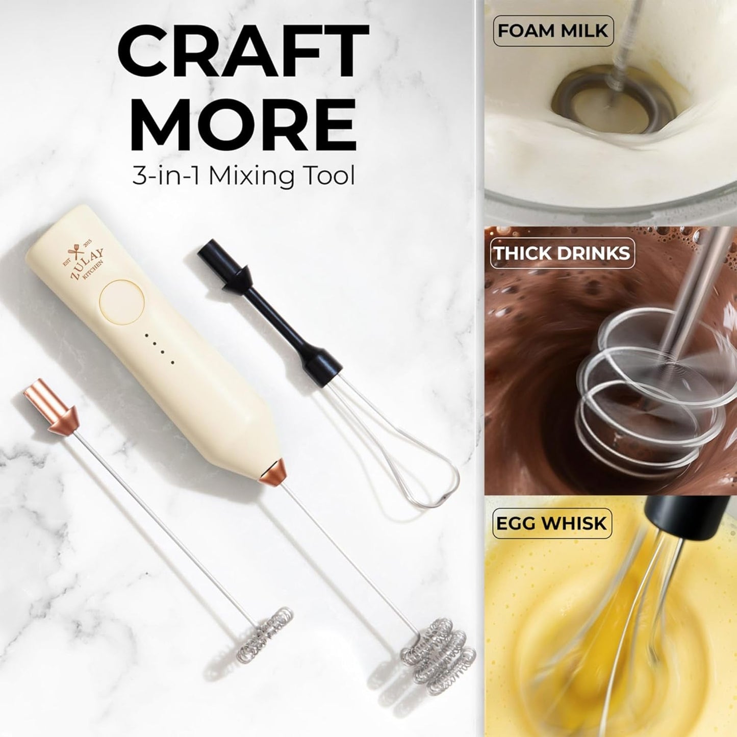 Zulay Kitchen Rechargeable Milk Frother - 3 Speeds & 3 Whisk Attachments - USB Charging for Lattes & Cappuccinos - Cream Copper