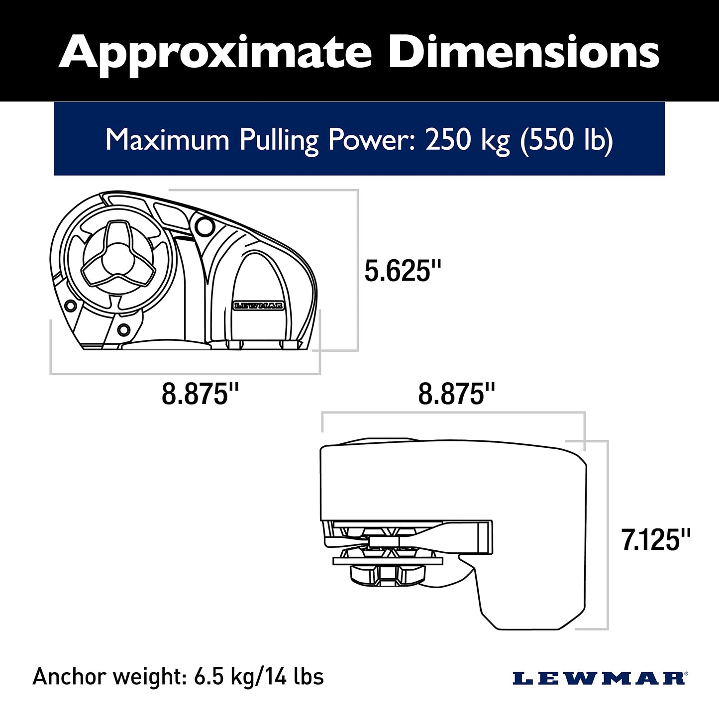 Lewmar Pro Sport 550 12V Windlass for 1/4" G4 Chain, Manual Freefall, Maximum pull 550 lbs., Port Side Mounted Gypsy, for Boats 20'-30' - 2020201167