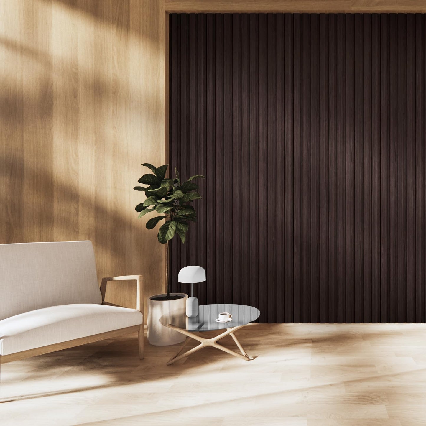 OUZUGIE WPC Acoustic Slat Wall Paneling, 8-Pack 96 x 6 Inches 3D Wall Panels for Interior Wall Decor,Living Room,TV Background,Study Room,Office Spaces,Bedroom,High Grille (Walnut)