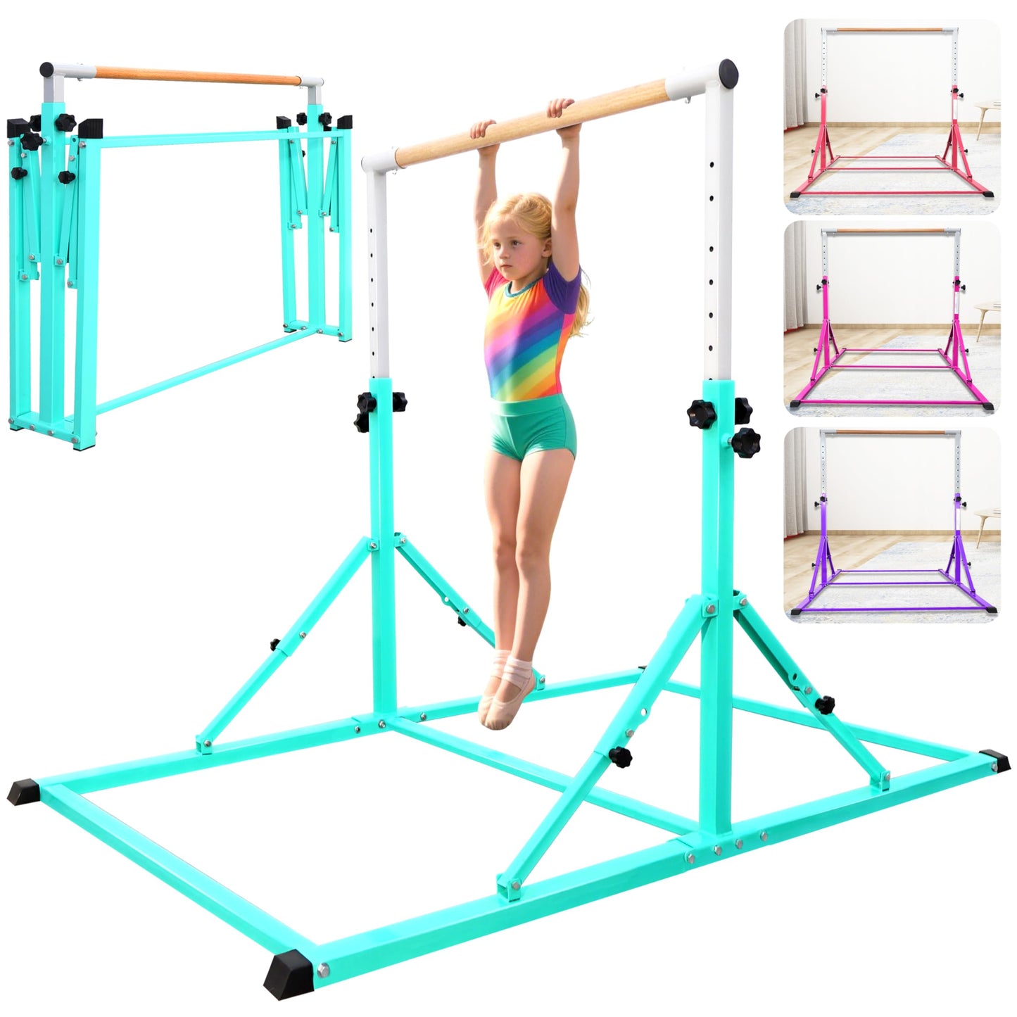 PreGymnastic Foldable Gymnastics Bar, 5.6FT Horizontal Bars for Kids 3-12, Weight Limit 350 LBS, Adjustable kip Bar, Children Home Gym Equipment (Teal)