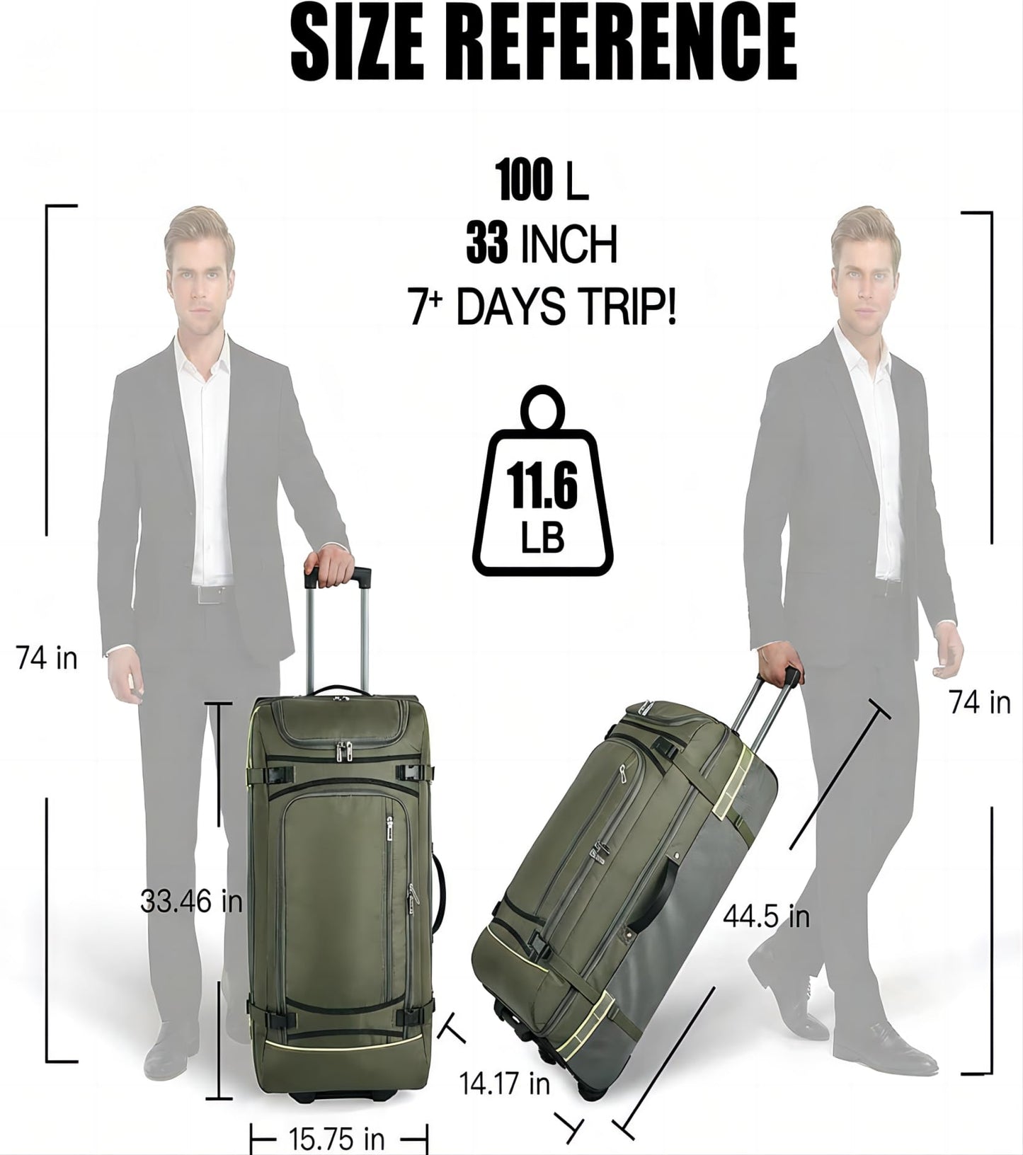 100L Extra Large Rolling Duffel Bag with Wheels and Handle – 33" Heavy-Duty 1600D PVC Checked Luggage for Business Travel, Men’s Week-Long Trips & Student Relocation, Foldable Base Design (Army Green)