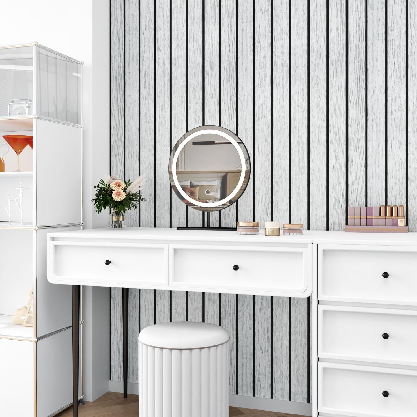 STICKEEP White/Grey 3D Wood Slat Panels for Walls Peel and Stick PVC Slat Wall Paneling Soundproof Self Adhesive Faux Wooden Slatted Panel for Wall Decor Interior Living Room Bedroom 118"x 11.8"